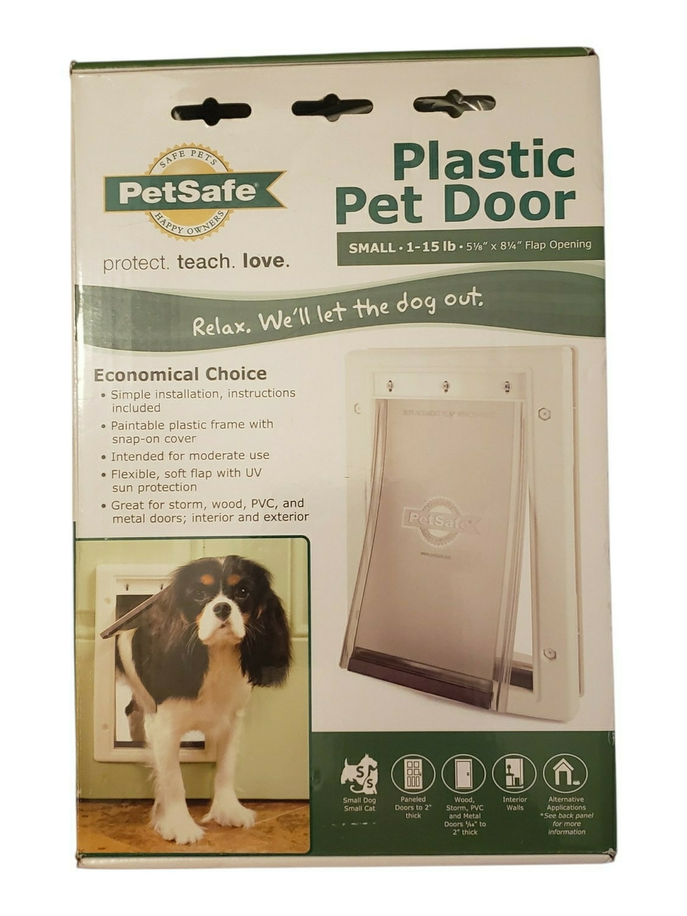 This PetSafe plastic pet door is designed for pets weighing 1 to 15 pounds.